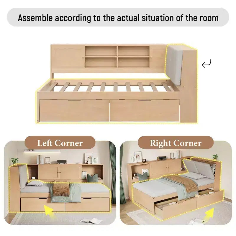 Lit de repos en forme de L en bois Merax avec tête de lit rembourrée avec rangement, ports de chargement USB et bibliothèque de rangement