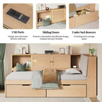 Lit de repos en forme de L en bois Merax avec tête de lit rembourrée avec rangement, ports de chargement USB et bibliothèque de rangement