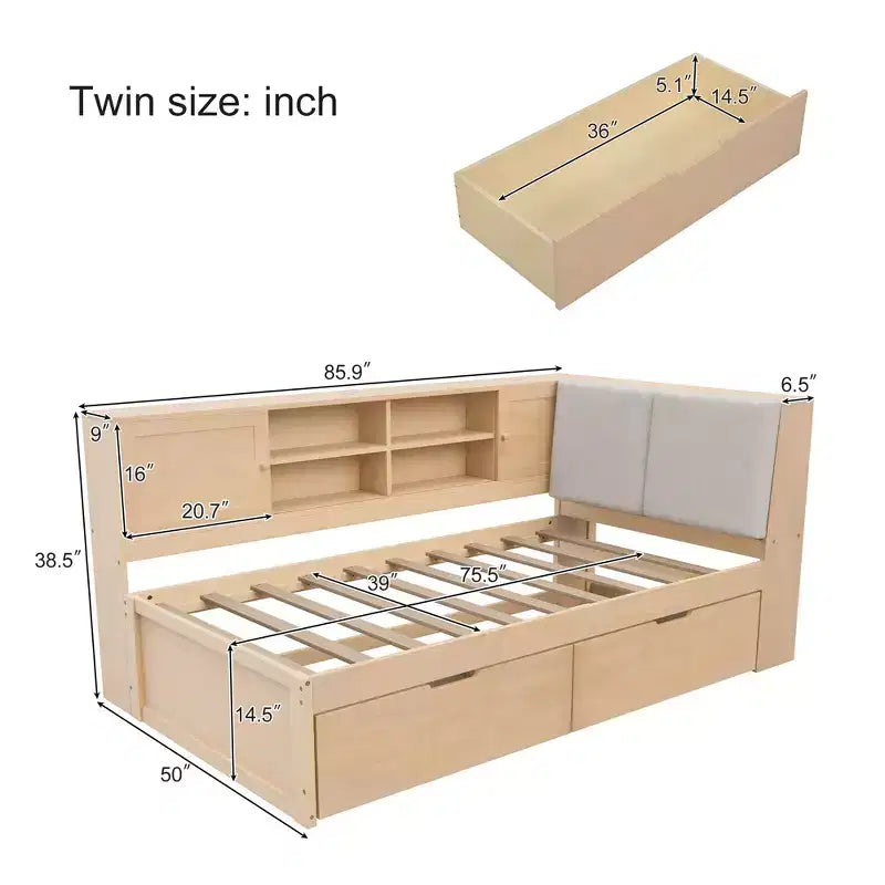 Lit de repos en forme de L en bois Merax avec tête de lit rembourrée avec rangement, ports de chargement USB et bibliothèque de rangement