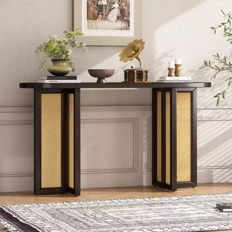 MAYEERTY Rattan Console Table Narrow with Storage for Living Room Hallway Espresso
