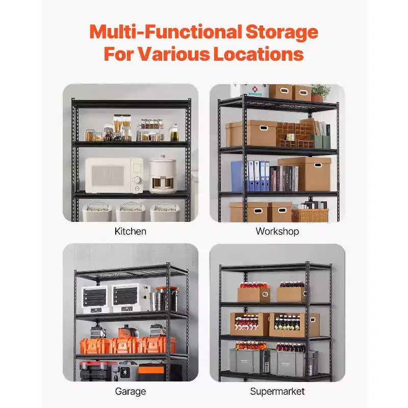 Étagères de Rangement VEVOR, 1360 kg, Étagères de Garage Robustes à 5 Niveaux, Étagères Métalliques Réglables 50,8 P x 121,9 L x 182,9 H, Noires