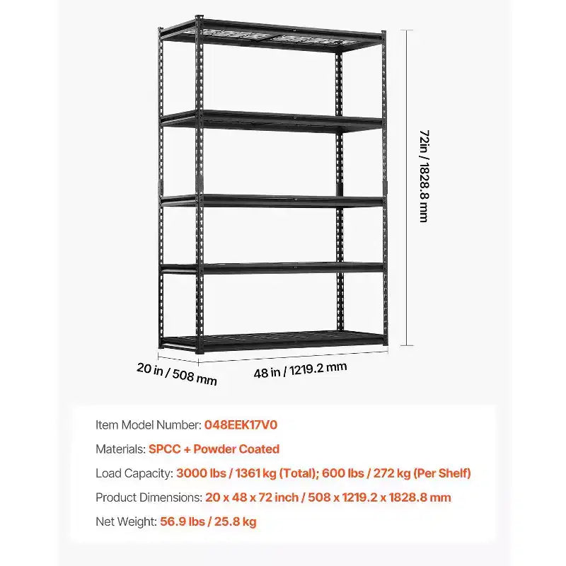 Étagères de Rangement VEVOR, 1360 kg, Étagères de Garage Robustes à 5 Niveaux, Étagères Métalliques Réglables 50,8 P x 121,9 L x 182,9 H, Noires