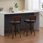 CLIHOME Lot de 2 tabourets de bar pivotants, 26" de hauteur, rembourrés en similicuir, avec dossier en noyer et pieds en bois courbé