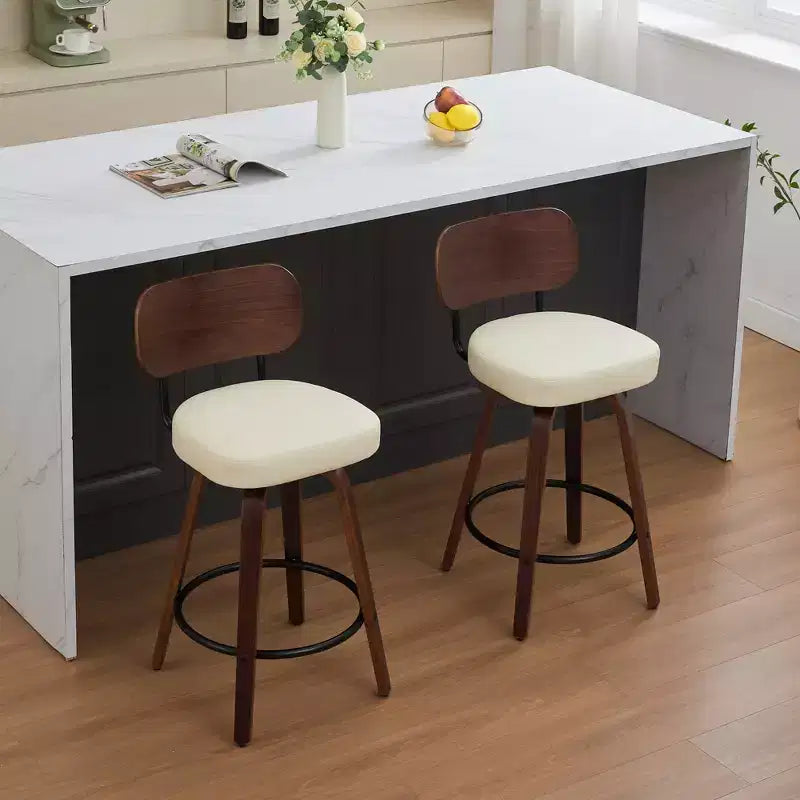 CLIHOME Lot de 2 tabourets de bar pivotants, 26" de hauteur, rembourrés en similicuir, avec dossier en noyer et pieds en bois courbé
