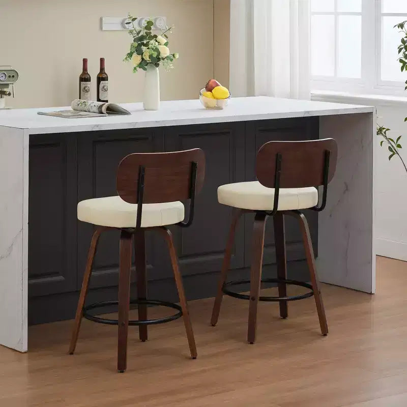 CLIHOME Lot de 2 tabourets de bar pivotants, 26" de hauteur, rembourrés en similicuir, avec dossier en noyer et pieds en bois courbé