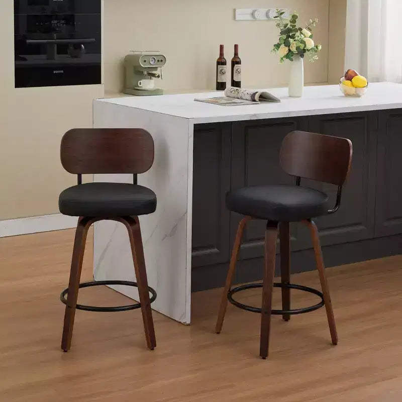CLIHOME Lot de 2 tabourets de bar pivotants, 26" de hauteur, rembourrés en similicuir, avec dossier en noyer et pieds en bois courbé