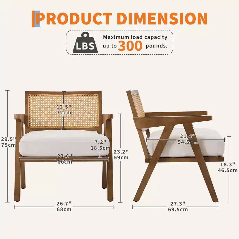 Fauteuil d'appoint de ferme du milieu du siècle - Fauteuil en bois avec dossier en rotin et coussin en lin pour salon, chambre
