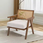 Mid-Century Farmhouse Accent Chair - Wood Armchair with Rattan Backrest & Linen Cushion for Living Room, Bedroom