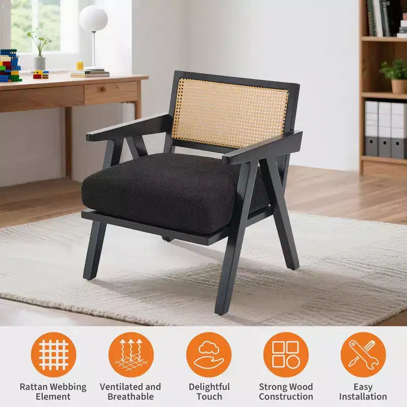 Fauteuil d'appoint de ferme du milieu du siècle - Fauteuil en bois avec dossier en rotin et coussin en lin pour salon, chambre
