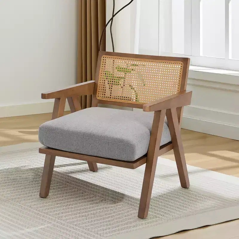 Fauteuil d'appoint de ferme du milieu du siècle - Fauteuil en bois avec dossier en rotin et coussin en lin pour salon, chambre