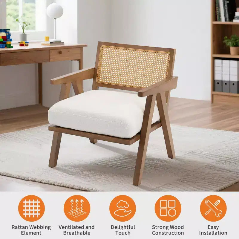 Fauteuil d'appoint de ferme du milieu du siècle - Fauteuil en bois avec dossier en rotin et coussin en lin pour salon, chambre