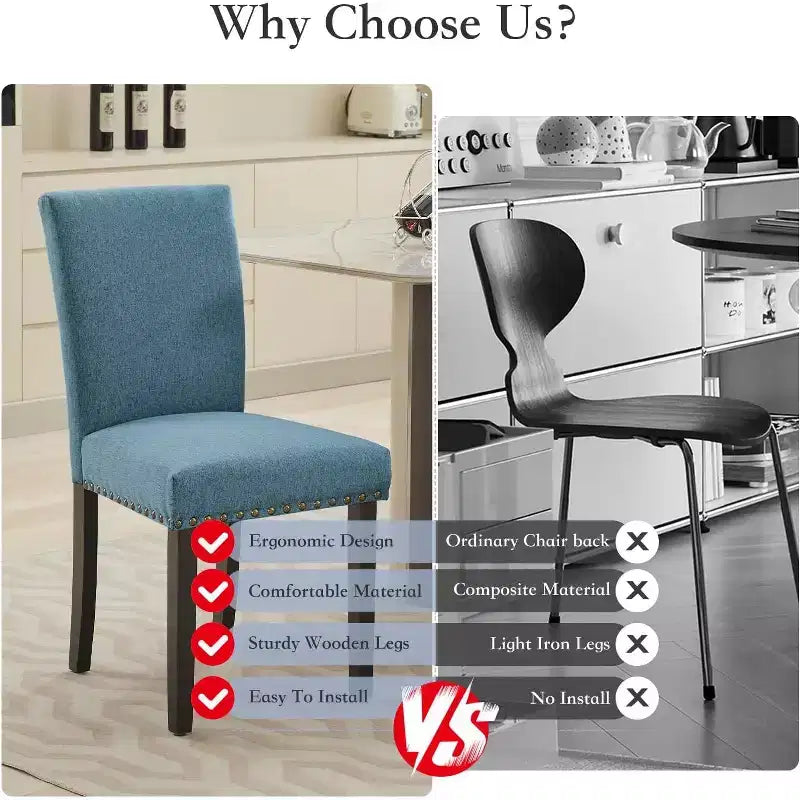 Lot de 2 chaises de salle à manger, chaises rembourrées pour salle à manger, chaises de cuisine en tissu avec pieds en bois cloutés et coussin rembourré, pour salon