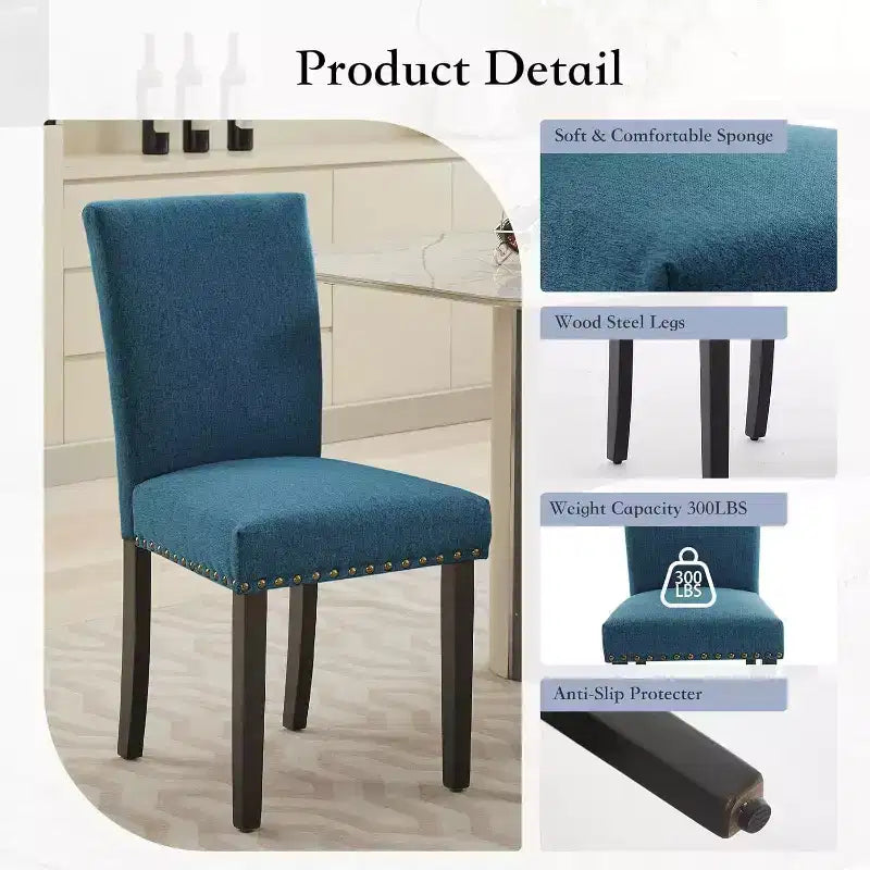 Lot de 2 chaises de salle à manger, chaises rembourrées pour salle à manger, chaises de cuisine en tissu avec pieds en bois cloutés et coussin rembourré, pour salon