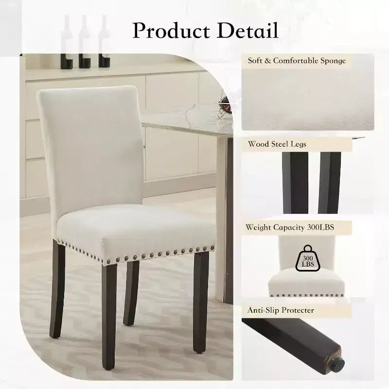 Lot de 2 chaises de salle à manger, chaises rembourrées pour salle à manger, chaises de cuisine en tissu avec pieds en bois cloutés et coussin rembourré, pour salon
