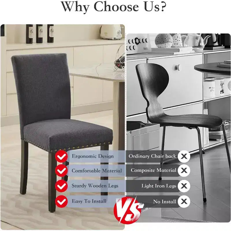 Lot de 2 chaises de salle à manger, chaises rembourrées pour salle à manger, chaises de cuisine en tissu avec pieds en bois cloutés et coussin rembourré, pour salon
