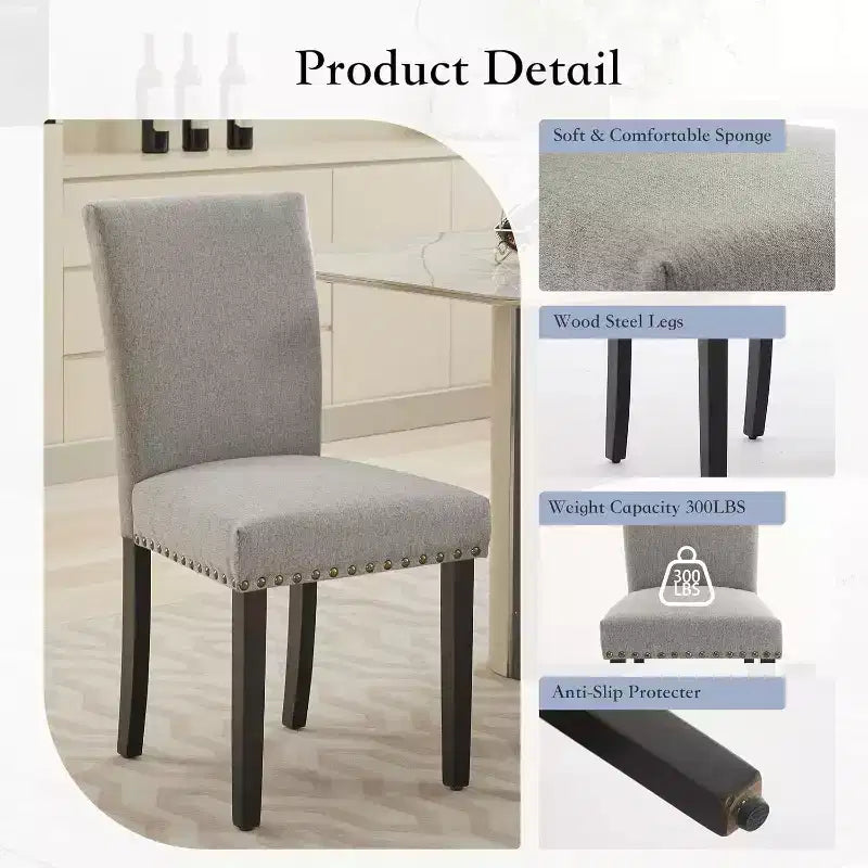 Lot de 2 chaises de salle à manger, chaises rembourrées pour salle à manger, chaises de cuisine en tissu avec pieds en bois cloutés et coussin rembourré, pour salon