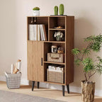 4 Tier Mid-Century Small Bookcase with Legs, Freestanding Wood Short Bookshelf with Door, Multi-Functional Walnut Cube Storage Organizer
