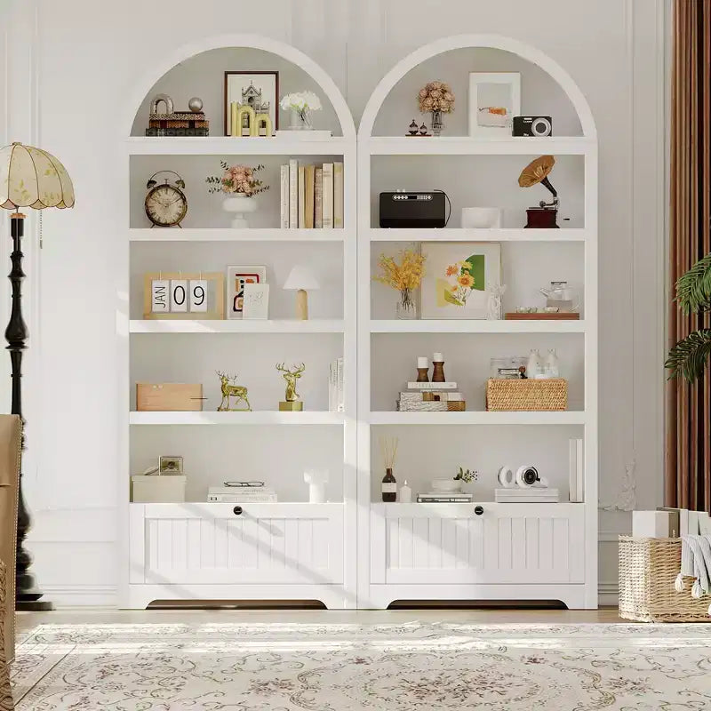 Meuble de rangement haut en bois de 72 po avec arches, garde-manger de cuisine avec étagère ouverte et tiroir, bibliothèque et placard à arches à 6 niveaux avec étagères réglables