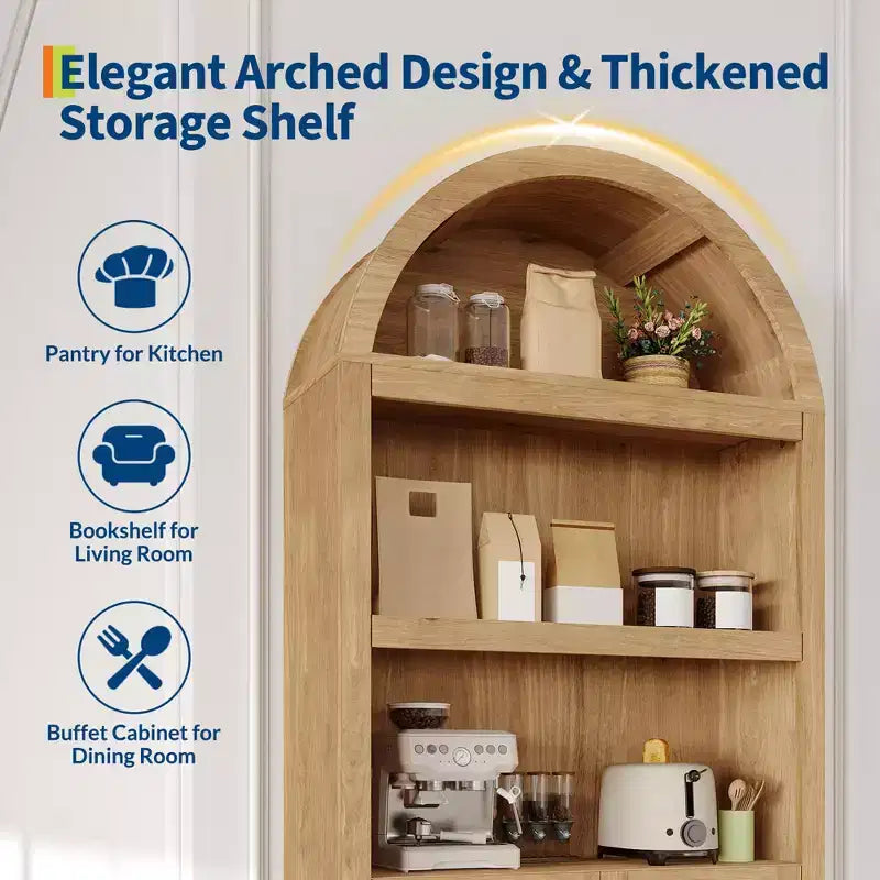 Meuble de rangement haut en bois de 72 po avec arches, garde-manger de cuisine avec étagère ouverte et tiroir, bibliothèque et placard à arches à 6 niveaux avec étagères réglables
