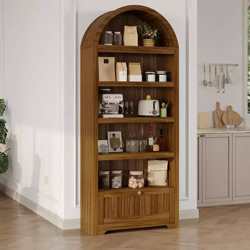 Meuble de rangement haut en bois de 72 po avec arches, garde-manger de cuisine avec étagère ouverte et tiroir, bibliothèque et placard à arches à 6 niveaux avec étagères réglables