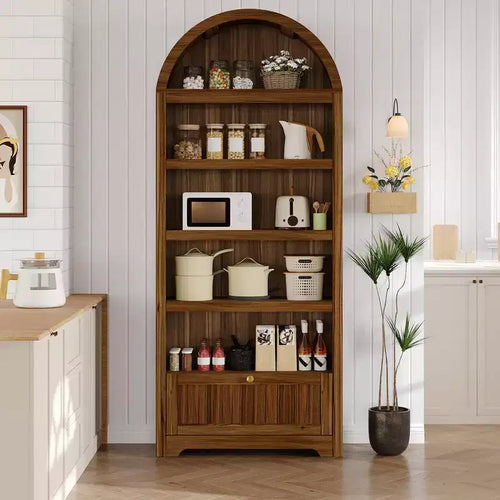 72 Tall Wood Arched Storage Cabinet, Kitchen Pantry with Open Display & Drawer, 6-Tier Standing Arched Bookcase & Cupboard with Adjustable