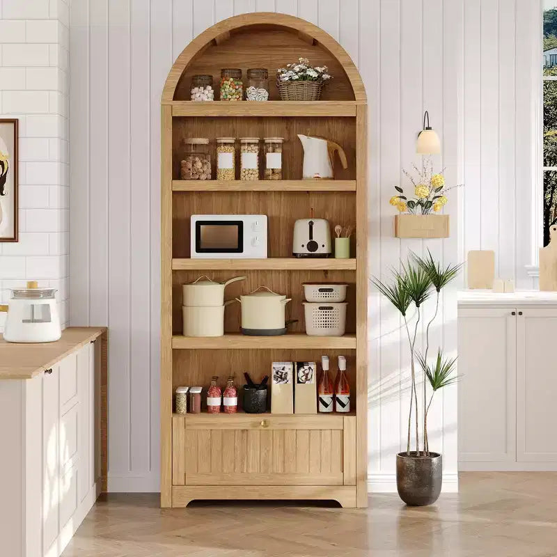 Meuble de rangement haut en bois de 72 po avec arches, garde-manger de cuisine avec étagère ouverte et tiroir, bibliothèque et placard à arches à 6 niveaux avec étagères réglables