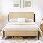 Queen Rattan Headboard Bed Frame, Rounded Corners, Noise-Free, Strong Metal Slats Support, Mattress Foundation, No Box Spring, White Oak