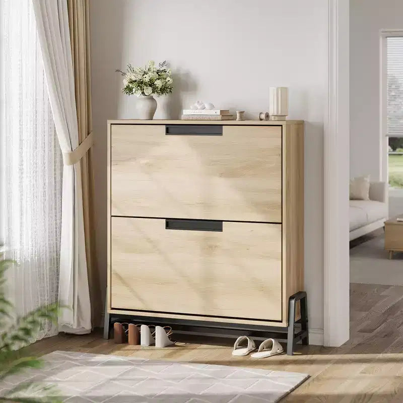 Meuble de rangement pour chaussures à 2 tiroirs basculants – avec pieds en métal, étagère réglable, organisateur de chaussures étroit pour entrée, foyer, couloir, salon