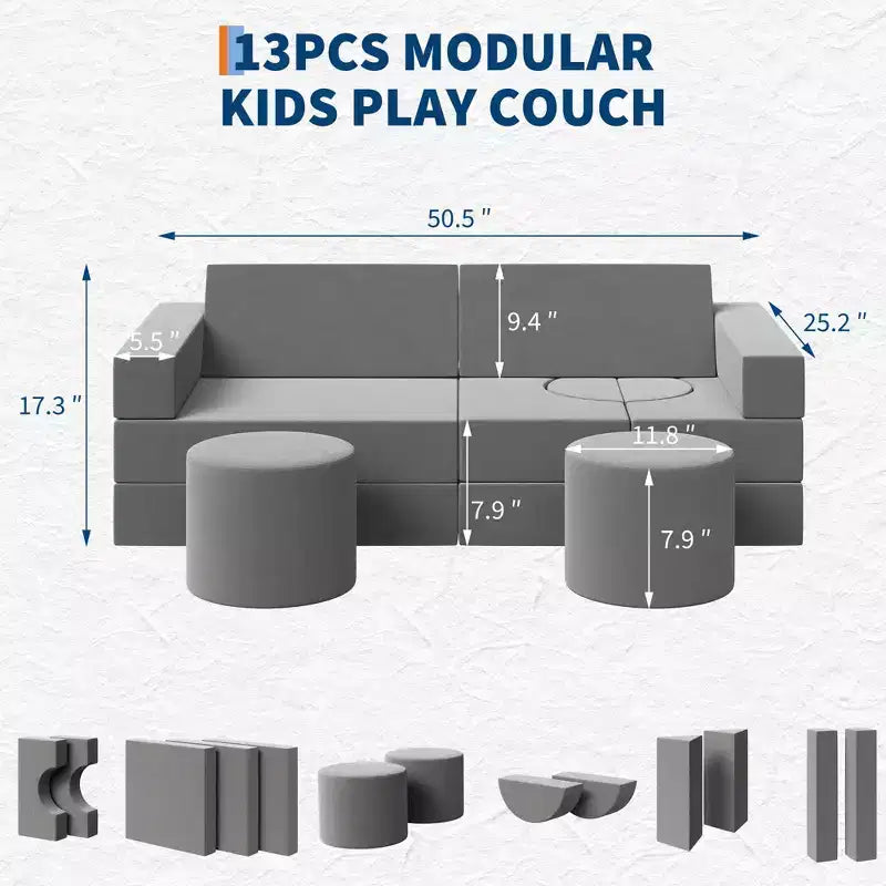 Canapé modulable GustoWave pour enfants avec housses en velours lavables, 13 pièces, château fort, canapé convertible en mousse pour enfant