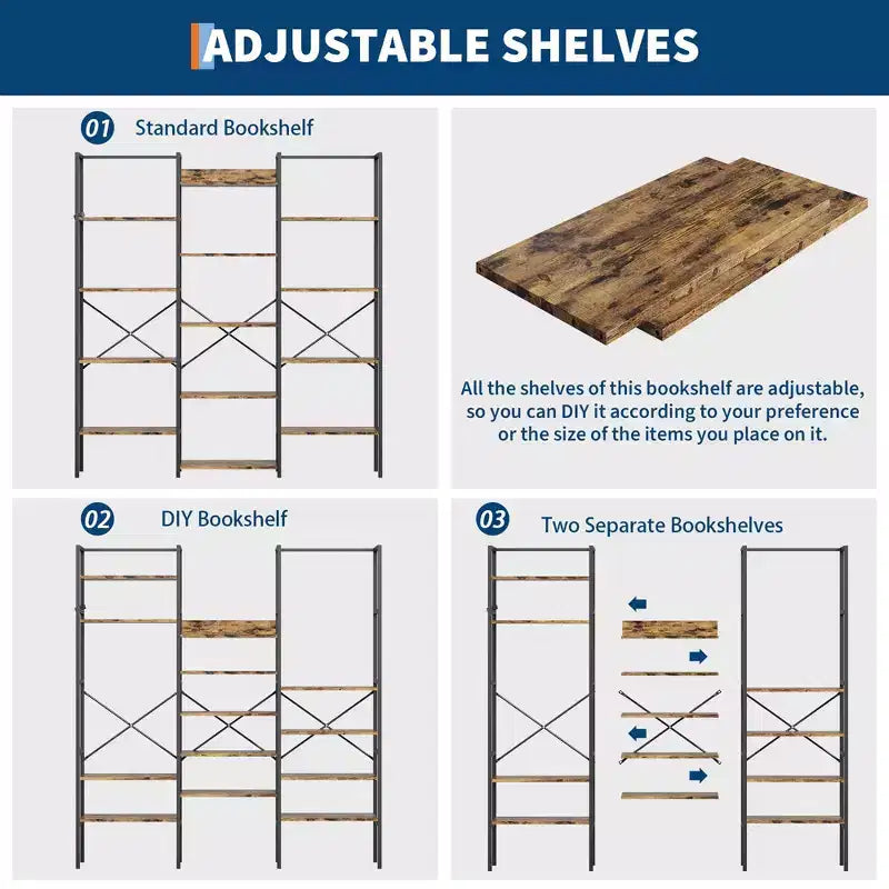 Étagère industrielle à 5 niveaux – Tablettes en bois réglables et cadre métallique robuste, capacité de 45 kg, organiseur de rangement large