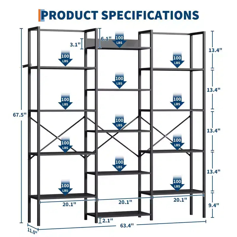 Étagère industrielle à 5 niveaux – Tablettes en bois réglables et cadre métallique robuste, capacité de 45 kg, organiseur de rangement large