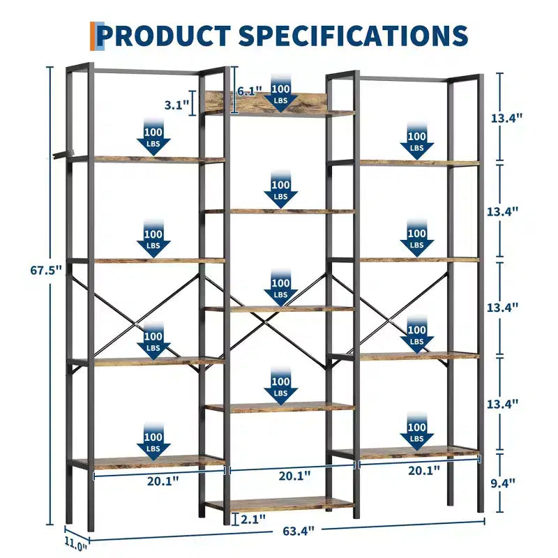 Étagère industrielle à 5 niveaux – Tablettes en bois réglables et cadre métallique robuste, capacité de 45 kg, organiseur de rangement large