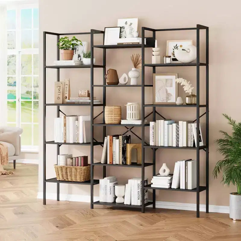 Étagère industrielle à 5 niveaux – Tablettes en bois réglables et cadre métallique robuste, capacité de 45 kg, organiseur de rangement large
