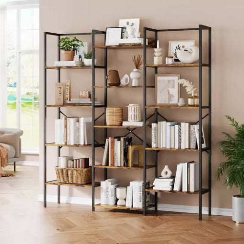 5 Tier Industrial Bookshelf - Adjustable Wood Shelves & Heavy Duty Metal Frame, 100Lbs Capacity, Wide Storage Organizer