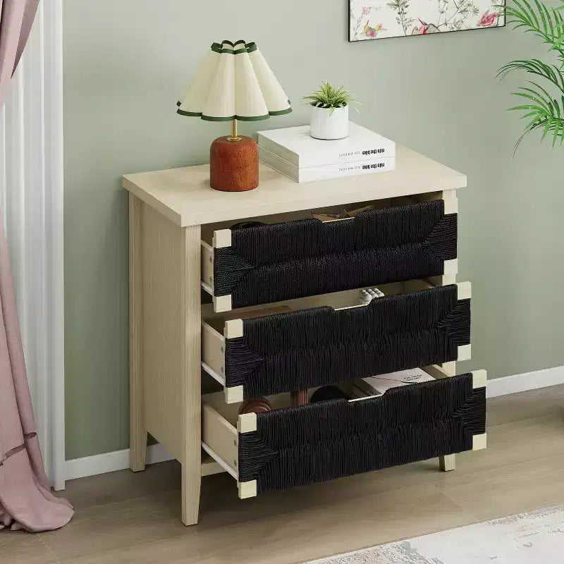 Meuble en bois GDFStudio Mona moderne de 80 cm en corde tressée avec 3 tiroirs