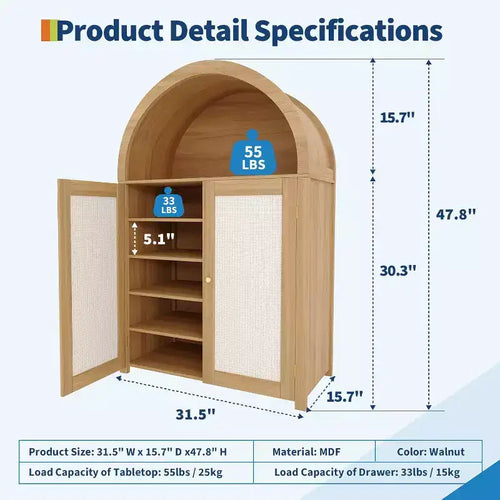 Buffet de rangement autoportant moderne arqué de 119 cm avec portes en rotin, pour salon, salle à manger, cuisine, naturel