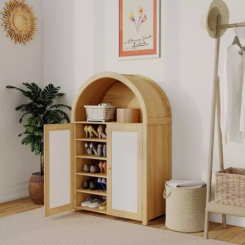 Buffet de rangement autoportant moderne arqué de 119 cm avec portes en rotin, pour salon, salle à manger, cuisine, naturel