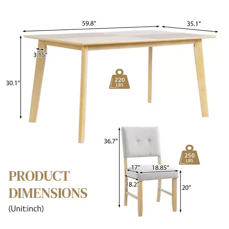 MAYEERTY Ensemble de salle à manger 5 pièces style ferme, table en bois massif et 4 chaises, finition bois naturel vieilli