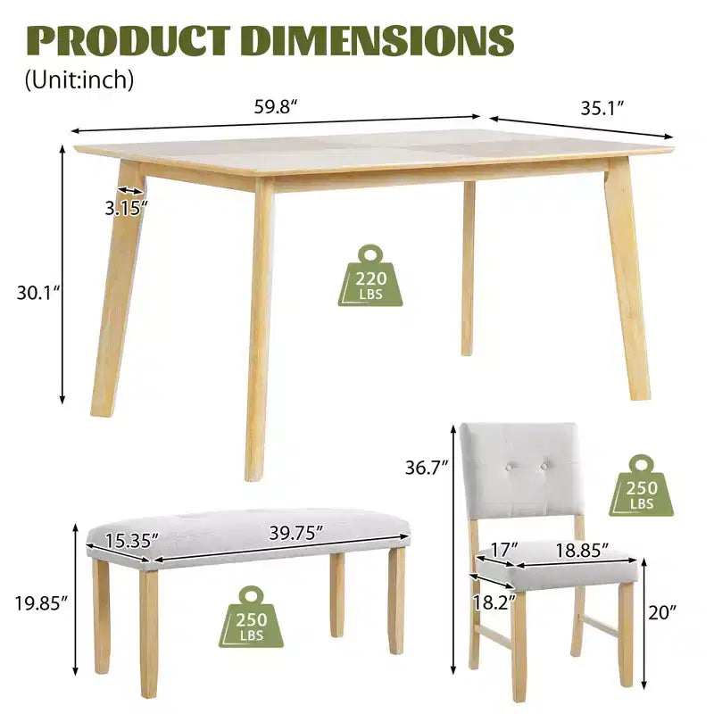 MAYEERTY Ensemble de salle à manger 6 pièces style ferme, Table en bois massif, 4 chaises et banc, Lavis bois naturel