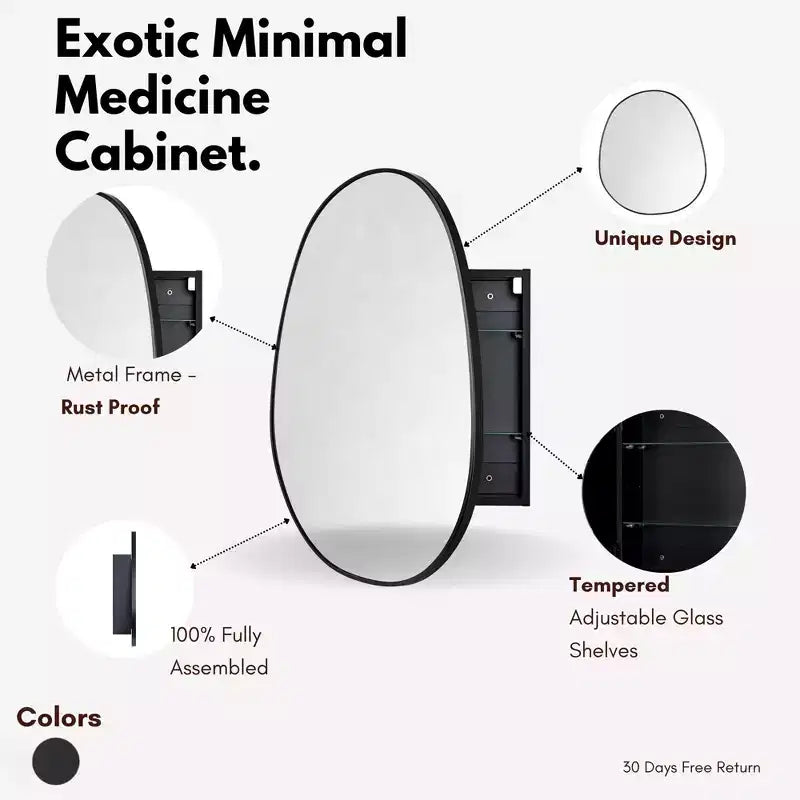 TEHOME Meuble de salle de bain mural noir avec miroir, verre argenté asymétrique irrégulier avec étagères réglables en verre trempé