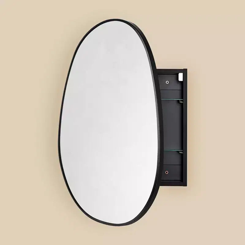TEHOME Meuble de salle de bain mural noir avec miroir, verre argenté asymétrique irrégulier avec étagères réglables en verre trempé