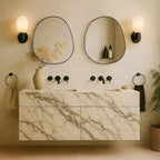 TEHOME Meuble de salle de bain mural noir avec miroir, verre argenté asymétrique irrégulier avec étagères réglables en verre trempé
