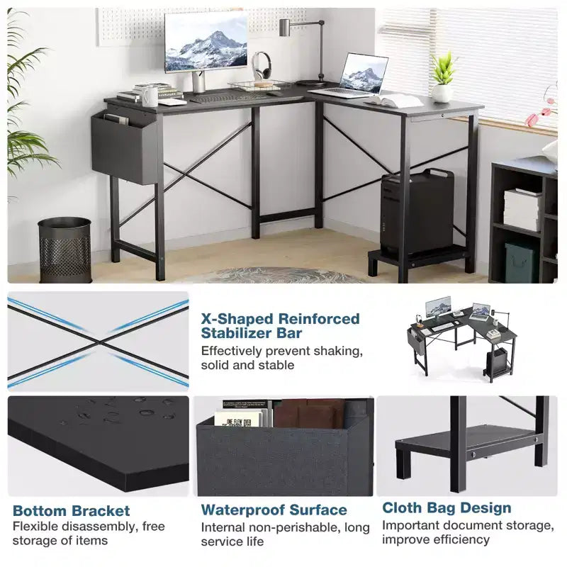 Bureau d'ordinateur en forme de L avec étagère de rangement pour unité centrale et sac latéral, table d'angle de jeu/bureau/écriture de 50 pouces avec cadre métallique - 50,00 x 43,30 x 29,50 (Noir)