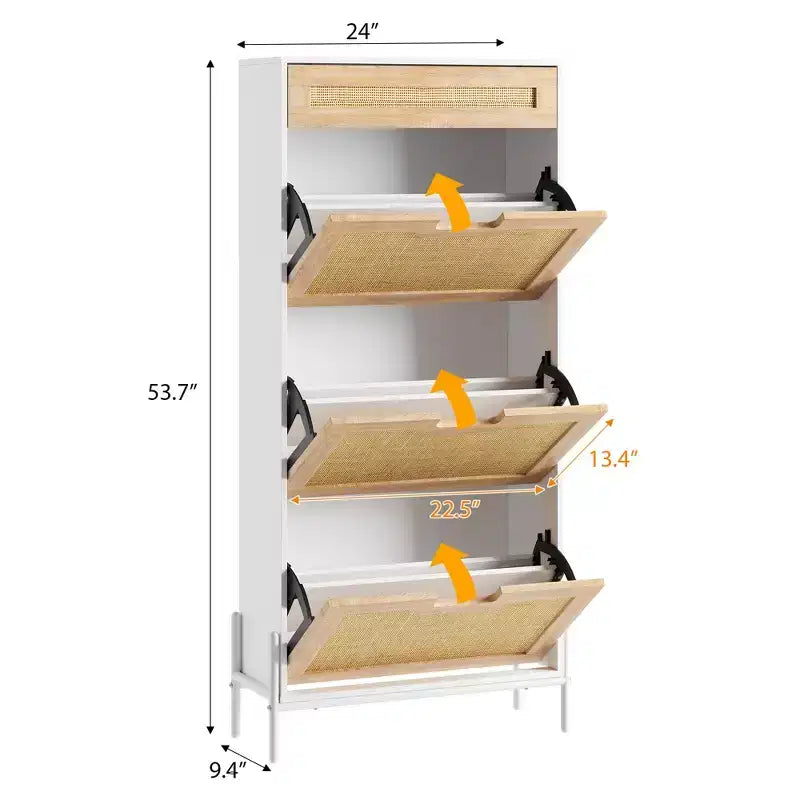 Meuble à chaussures en rotin naturel, 3 portes abattantes avec 1 tiroir, meuble de rangement autonome avec étagères réglables à 3 niveaux pour l'entrée