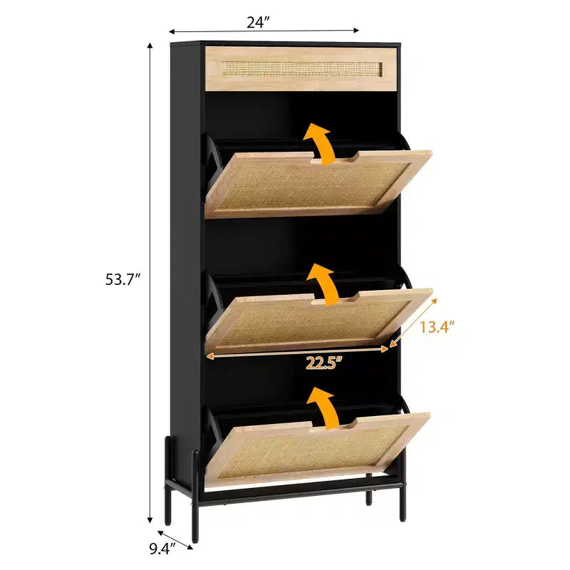 Meuble à chaussures en rotin naturel, 3 portes abattantes avec 1 tiroir, meuble de rangement autonome avec étagères réglables à 3 niveaux pour l'entrée