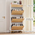 Meuble à chaussures en rotin naturel, 3 portes abattantes avec 1 tiroir, meuble de rangement autonome avec étagères réglables à 3 niveaux pour l'entrée