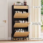 Meuble à chaussures en rotin naturel, 3 portes abattantes avec 1 tiroir, meuble de rangement autonome avec étagères réglables à 3 niveaux pour l'entrée
