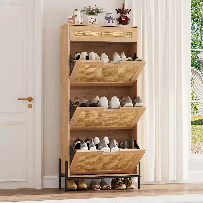 Meuble à chaussures en rotin naturel, 3 portes abattantes avec 1 tiroir, meuble de rangement autonome avec étagères réglables à 3 niveaux pour l'entrée