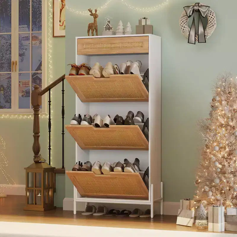 Meuble à chaussures en rotin naturel, 3 portes abattantes avec 1 tiroir, meuble de rangement autonome avec étagères réglables à 3 niveaux pour l'entrée