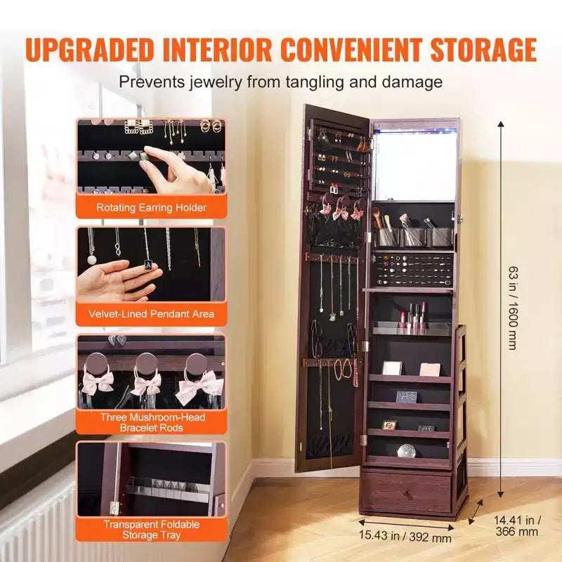 Meuble à bijoux VEVOR avec miroir, miroir pivotant à 360° avec rangement, organisateur de bijoux verrouillable avec miroir pleine longueur, marron